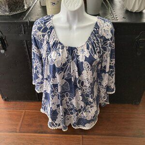 SJS Blue White Floral Wide 3/4 Sleeve Blouse Pom Pom Trim Large
